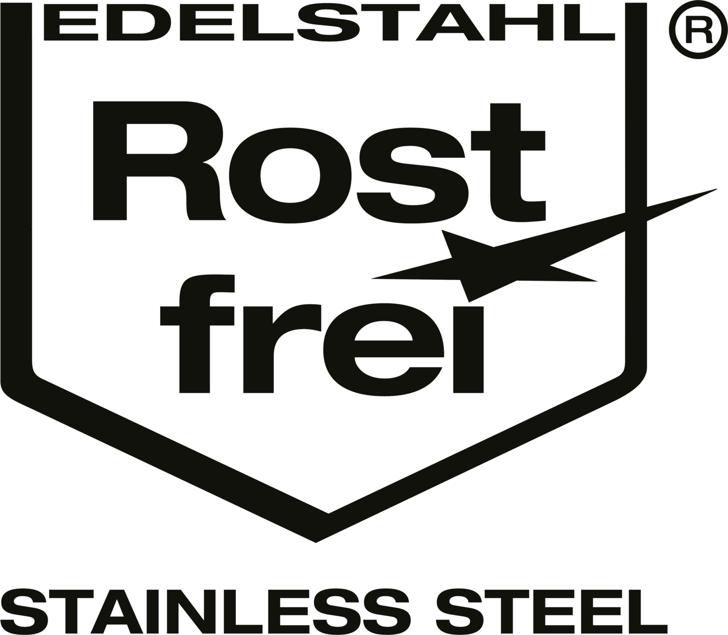 Selo com o texto 'EDELSTAHL Rost frei' e 'STAINLESS STEEL'.