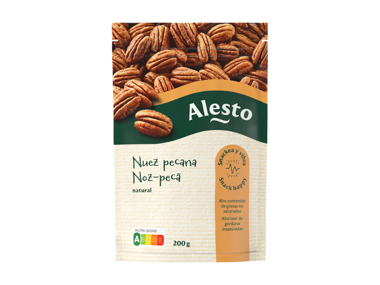 Pacote de nozes-pecã naturais com Nutri-Score A e 200 g.