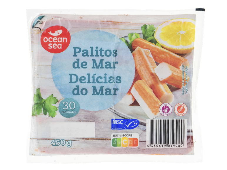 Embalagem de delícias do mar com limão e salsa, rotulada como 'Palitos de Mar Delícias do Mar', 450g, 30 unidades, com Nutri-Score A.