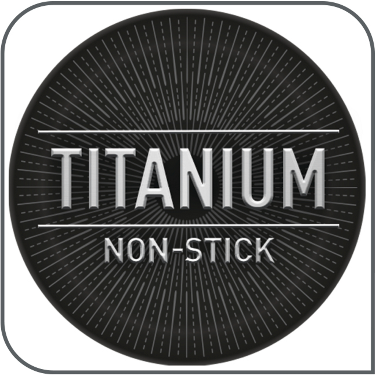 Selo redondo preto com texto branco: TITANIUM ANTIADERENTE.
