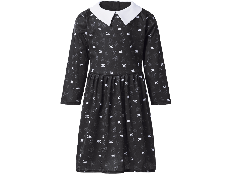 Vestido preto infantil com gola branca, caveiras e teias de aranha.