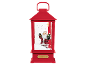 Lanterna de Natal vermelha com figura do Pai Natal segurando uma lanterna e uma árvore de Natal, com texto 'CHRISTMAS'.