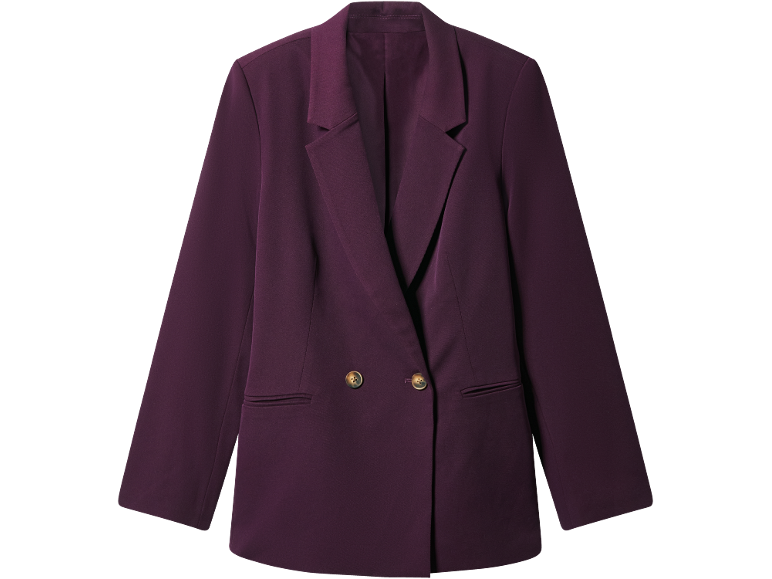Blazer feminino cor de vinho com abotoamento duplo e botões dourados.