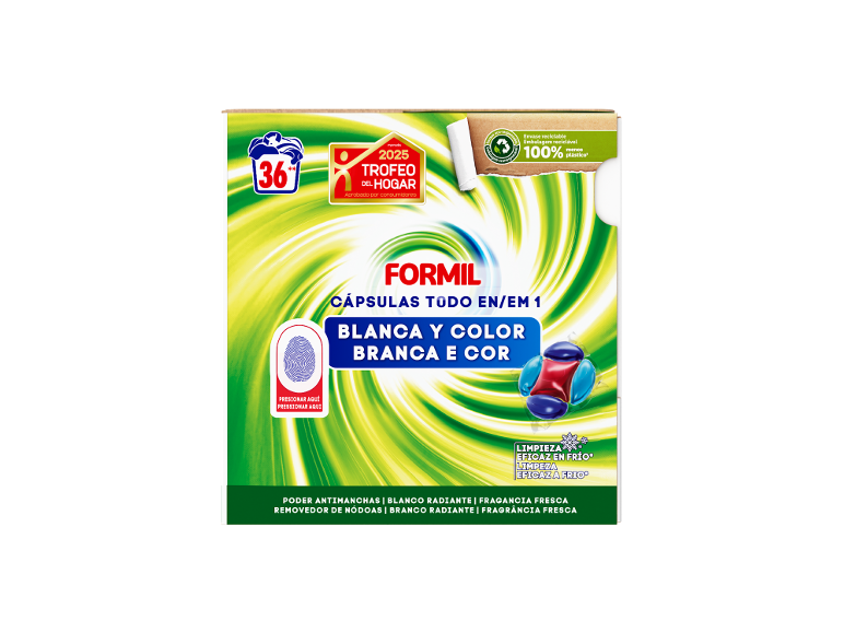 Embalagem com 36 cápsulas de detergente para roupa branca e de cor, em embalagem reciclável.
