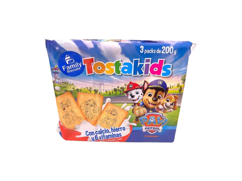 Pacote de biscoitos infantis com personagens de desenhos animados, enriquecidos com cálcio e vitaminas.