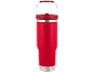 Copo térmico vermelho com alça de metal e detalhes prateados.
