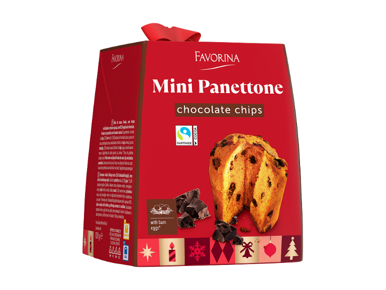 Mini panettone com pepitas de chocolate, em embalagem vermelha com decorações de Natal.