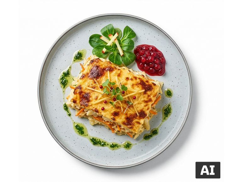 Gratinado Ocean Sea com vegetais, arandos e salada num prato. [imagem gerada por IA]