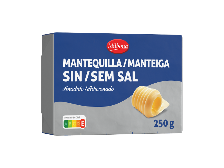 Manteiga sem sal, 250 g, com classificação Nutri-Score E.