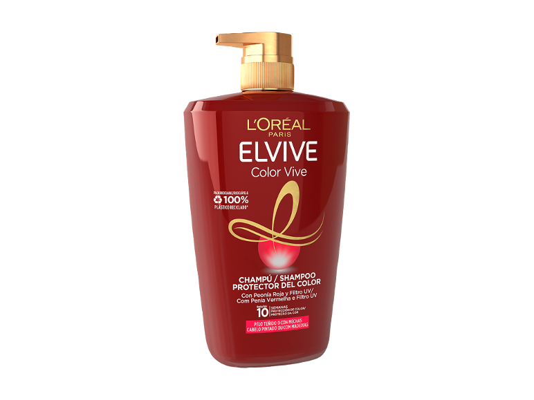 Frasco de shampoo vermelho com bomba dourada para proteção da cor.