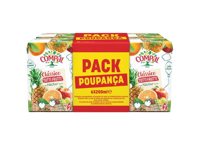 Pack de 6 sumos de fruta néctar com sabor a tutti frutti em embalagens de 200 ml.
