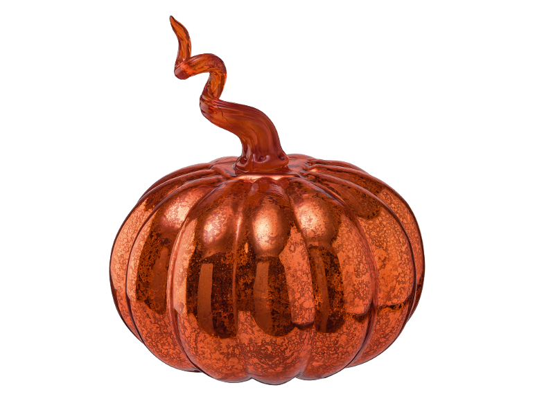 Abóbora decorativa de vidro laranja com caule encaracolado.
