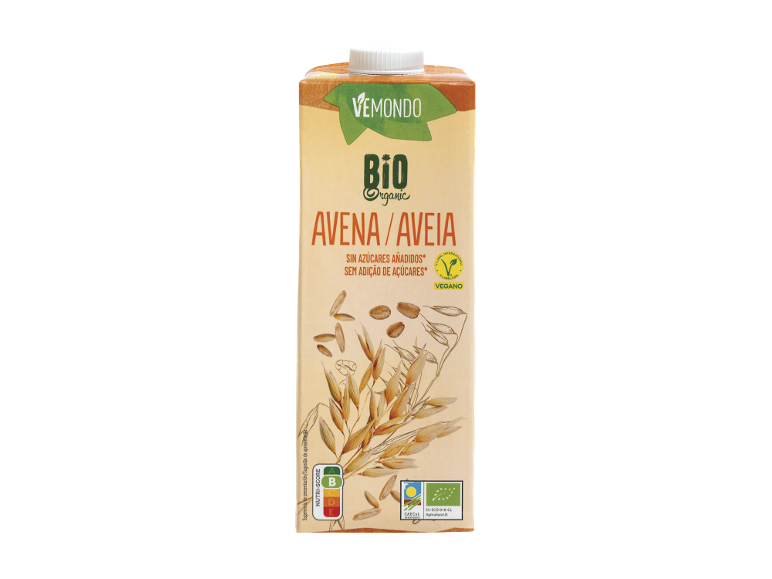Bebida de aveia biológica sem açúcares adicionados, com Nutri-score B e certificação vegan.
