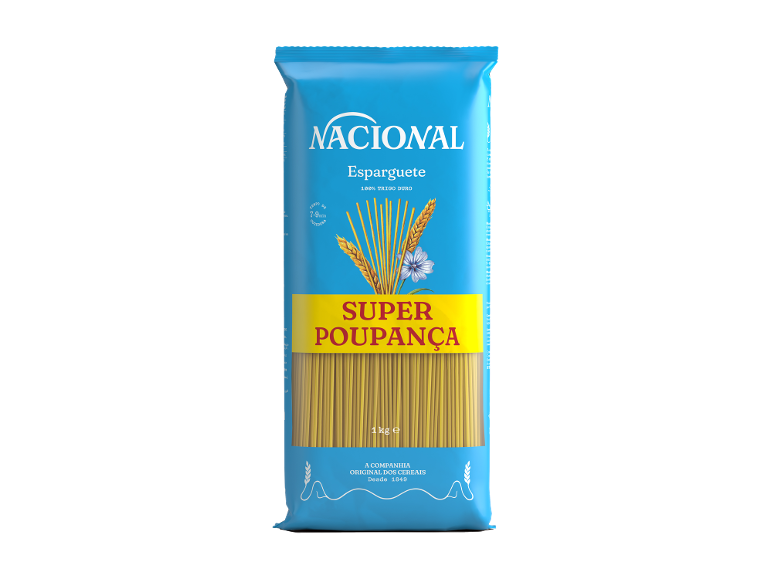 Esparguete Nacional 100% Trigo Duro, 1kg, com tempo de cozedura de 7-9 minutos.