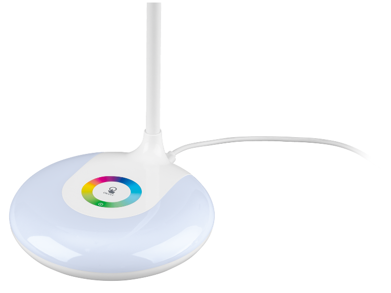 Candeeiro de secretária LED branco com base redonda e controlo tátil de cor.