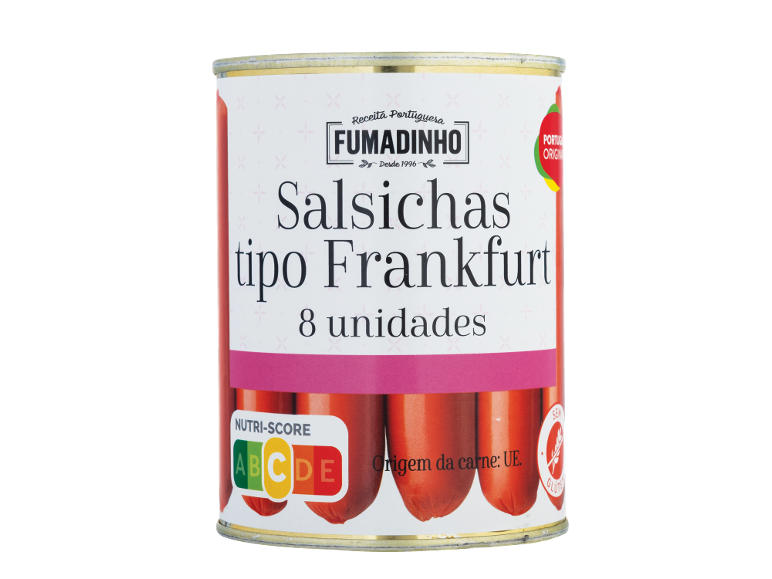 Lata de salsichas tipo Frankfurt Fumadinho, 8 unidades, com Nutri-Score C.