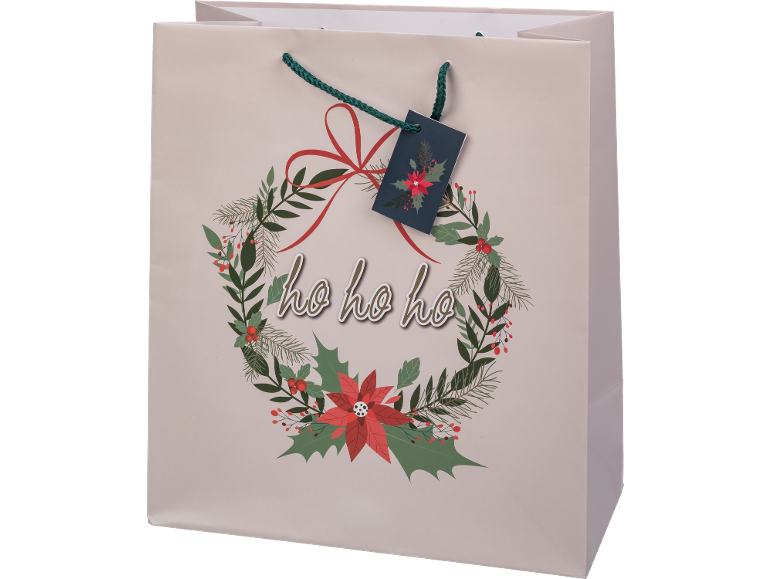 Saco de presente de Natal com uma coroa festiva, poinsétias e o texto 'ho ho ho'.