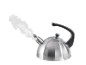 Chaleira de aço inoxidável com vapor a sair do bico.