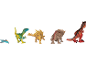Um conjunto de cinco brinquedos de dinossauros coloridos, incluindo um pterodáctilo, velociraptor, estegossauro, triceratops e T-Rex.