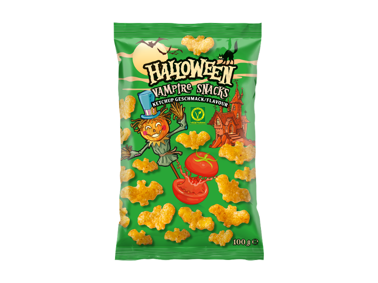 Saco de batatas fritas de Halloween com sabor a ketchup em forma de morcego, com espantalho e castelo.