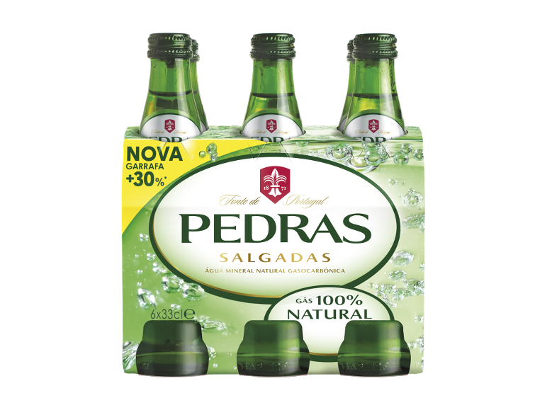 Pack de seis garrafas de água mineral natural gasocarbónica, com mais 30% de volume e 100% gás natural.