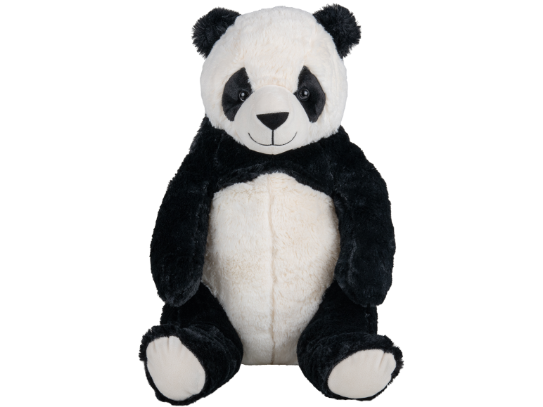 Urso de peluche panda grande e macio em preto e branco, sentado.