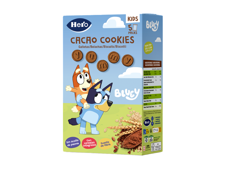 Biscoitos de cacau para crianças com personagens Bluey, com cereais integrais e sem óleo de palma.