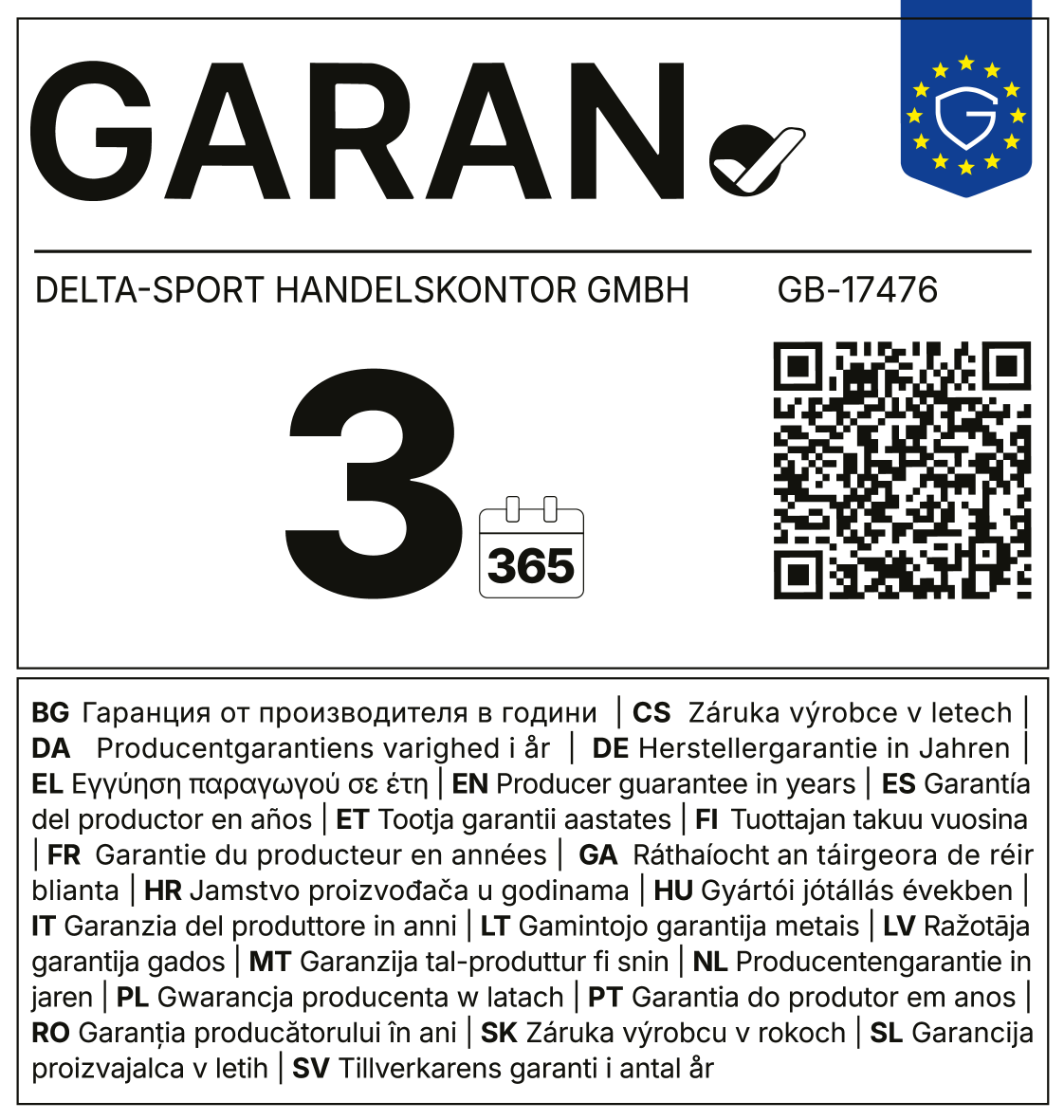 Garantia 3 anos (365 dias), garantia do produtor em várias línguas.