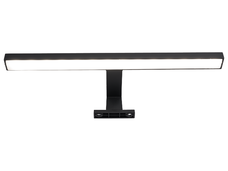 Candeeiro de imagem LED preto com braço de suporte, iluminando uma superfície com luz branca.