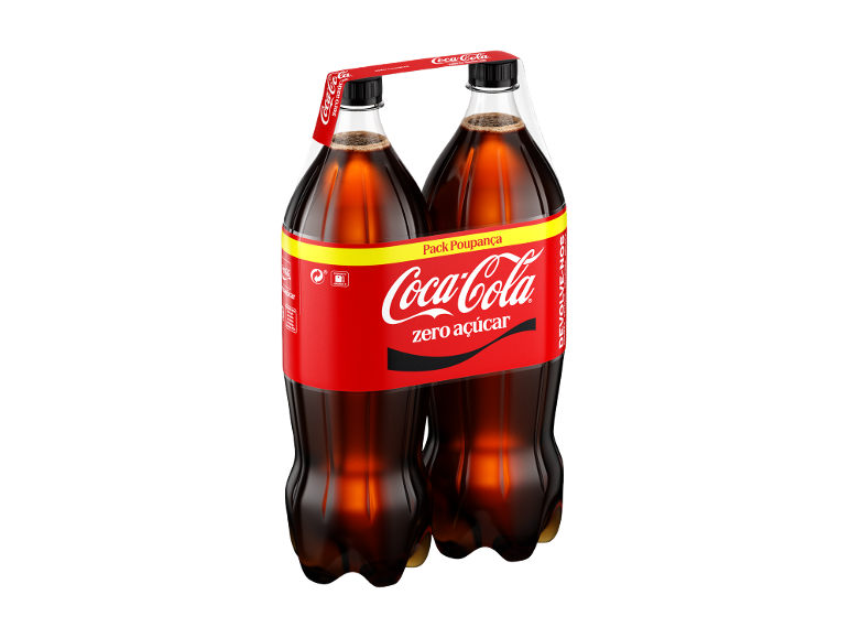 Pack de duas garrafas de cola sem açúcar com uma fita promocional amarela.