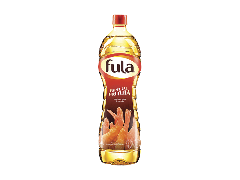 Garrafa de óleo vegetal para fritura, 1 litro, com imagem de camarões fritos.