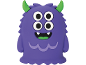 Brinquedo de monstro roxo com quatro olhos, chifres verdes e um sorriso largo.