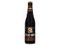 Cerveja escura Abbey Ale em garrafa, com rótulo que mostra um monge a escrever.