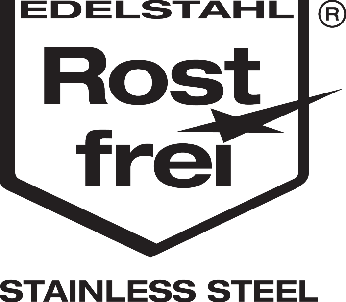 Selo 'EDELSTAHL Rost frei' (aço inoxidável) com o texto 'STAINLESS STEEL' abaixo.