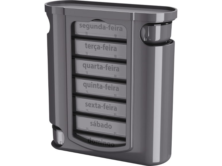 Organizador de comprimidos semanal cinzento com sete compartimentos rotulados para cada dia da semana.