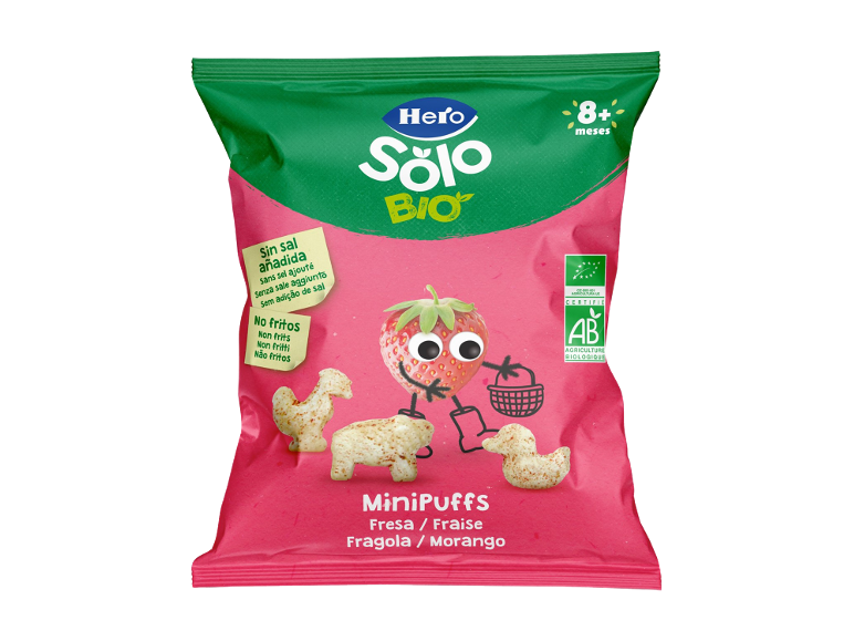 Hero Solo BIO MiniPuffs morango, sem adição de sal, não fritos, para 8+ meses.