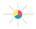 Selo de cor CMYK com raios de luz sobre fundo preto.