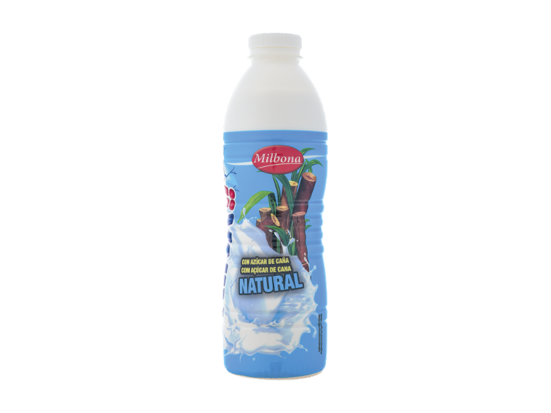 Bebida natural MILBONA com açúcar de cana em garrafa azul.