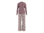 Pijama feminino com camisola de manga comprida malva e calças com padrão floral.
