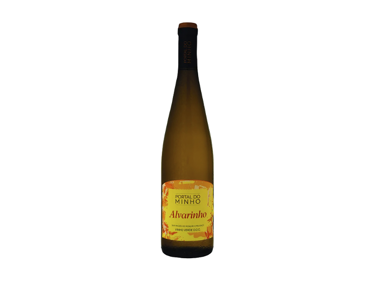 Garrafa de vinho branco Portal do Minho Alvarinho com rótulo amarelo e laranja.