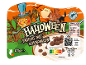 Iogurte de Halloween com bolas de chocolate, espantalho de abóbora e casa assombrada.