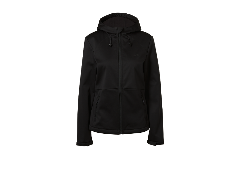 Casaco softshell preto com capuz e fecho frontal.