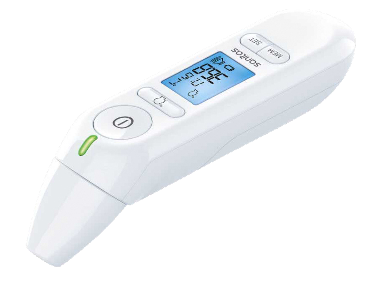 Termómetro digital branco com ecrã LCD a exibir 36.6°C e ícones.