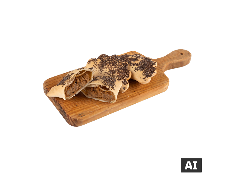 Pastéis recheados com carne e sementes de papoila numa tábua de madeira. [imagem gerada por IA]