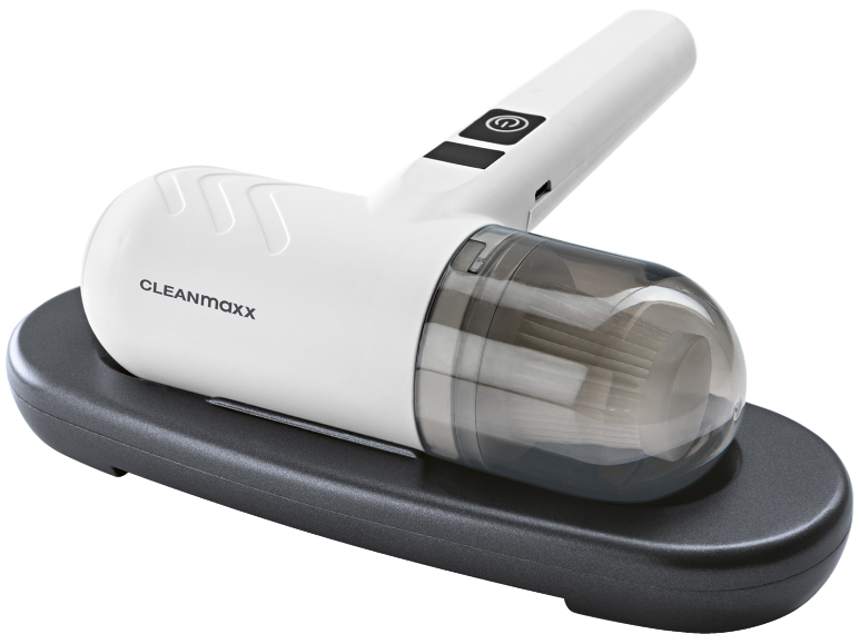 Aspirador de mão branco com base de carregamento preta, com texto 'CLEANmaxx'.