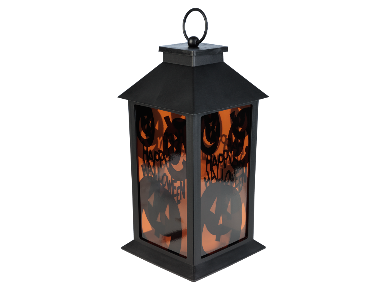 Lanterna preta de Halloween com brilho laranja e texto «Happy Halloween».