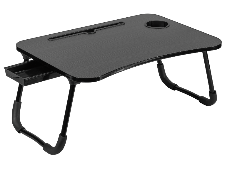 Mesa de cama dobrável preta para portátil com suporte para copo e gaveta.