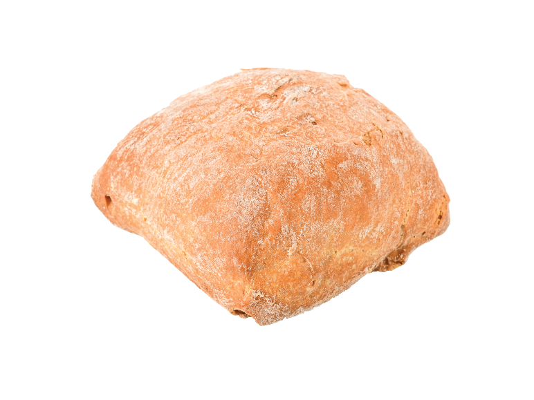 Uma ciabatta individual, acabada de cozer, polvilhada com farinha, sobre fundo preto.