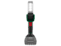 Luz de trabalho sem fios com cabeça cinzenta, corpo verde, gatilho vermelho e bateria cinzenta.