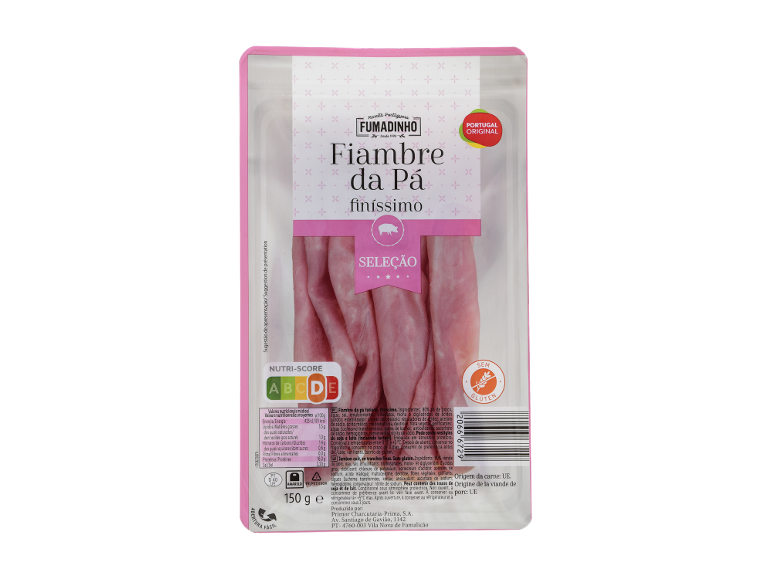 Fumadinho Fiambre da Pá finíssimo, fiambre fatiado com Nutri-Score B e logótipo sem glúten.